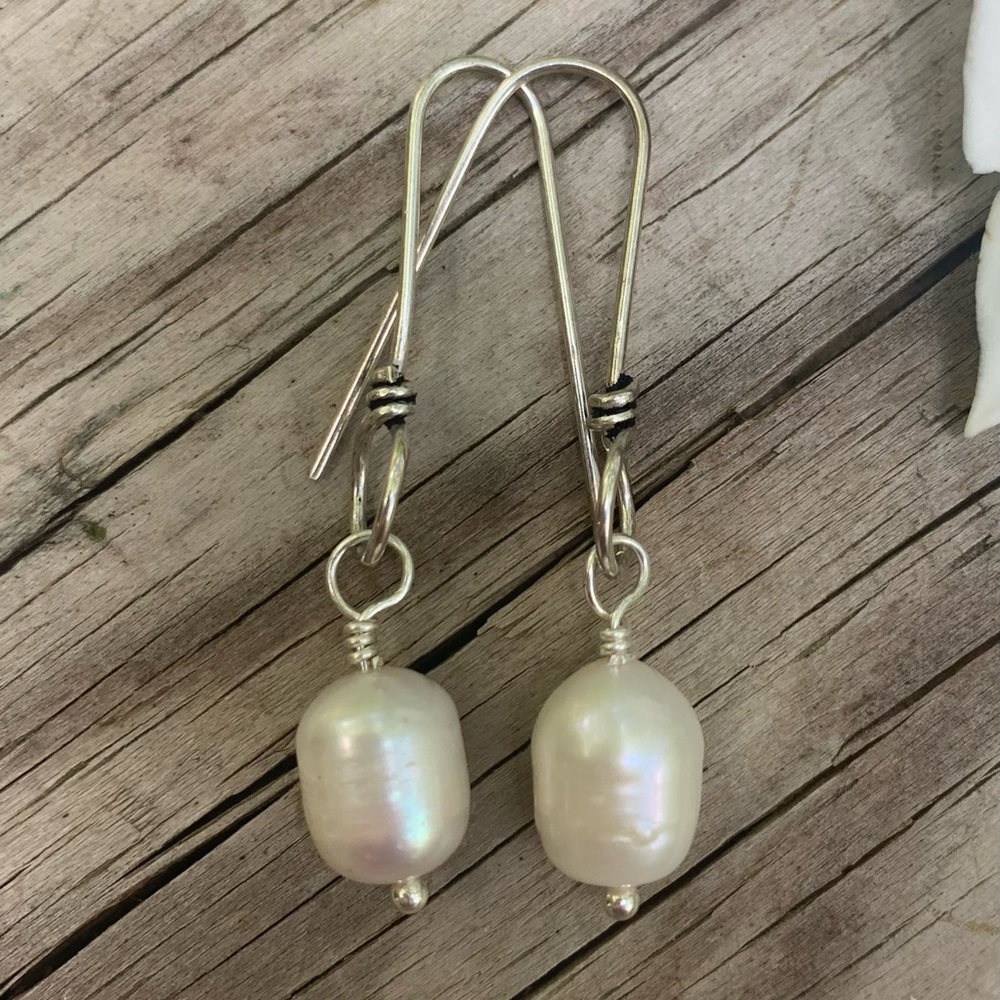 SOLD Pearl White Barrel Earrings.SS Twisted ear wire. Jewelry Store Quality - Picture 6 of 11